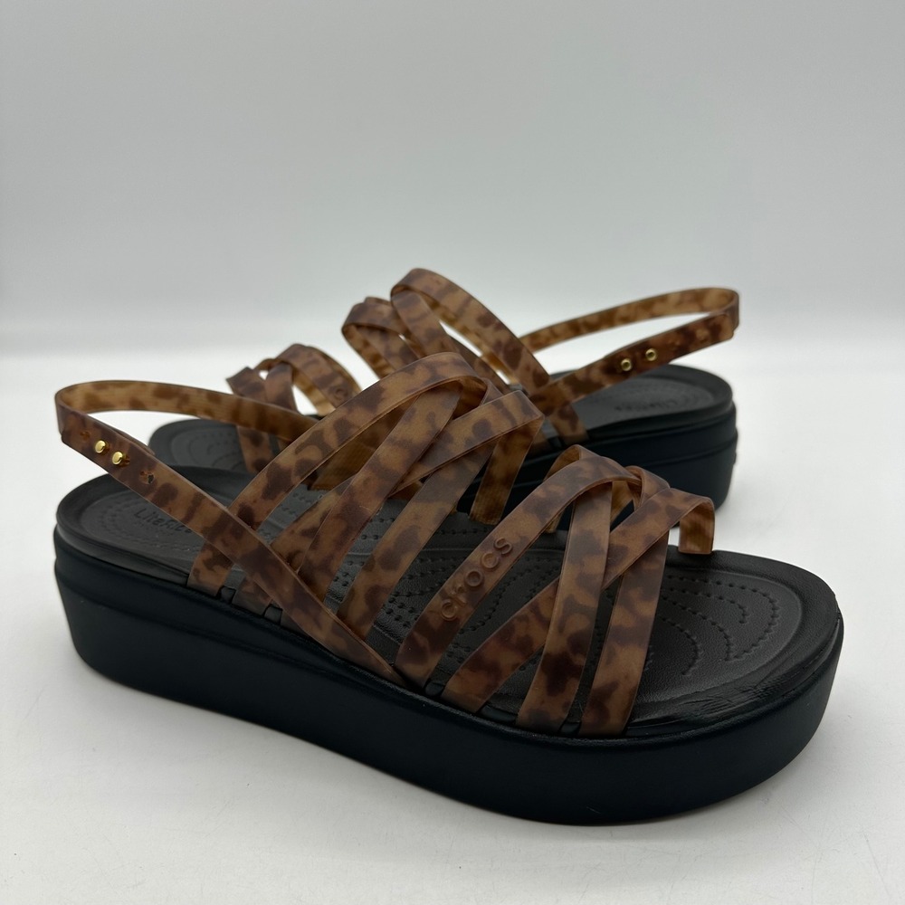 Crocs 207639 Womens Size 11 Brown Tortoise Black Brooklyn Strappy Wedge Sandals
